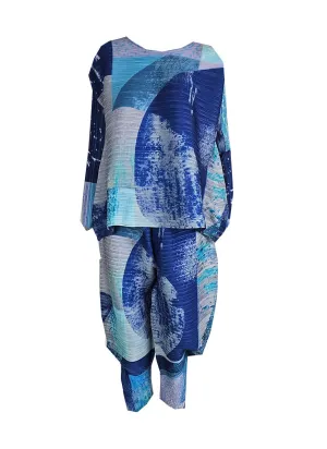 1240037 Printed Top & Pants Pleated Set *Blue & Grey