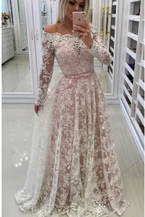 A Line Floor Length Off Shoulder Long Sleeve Lace Prom Dresses