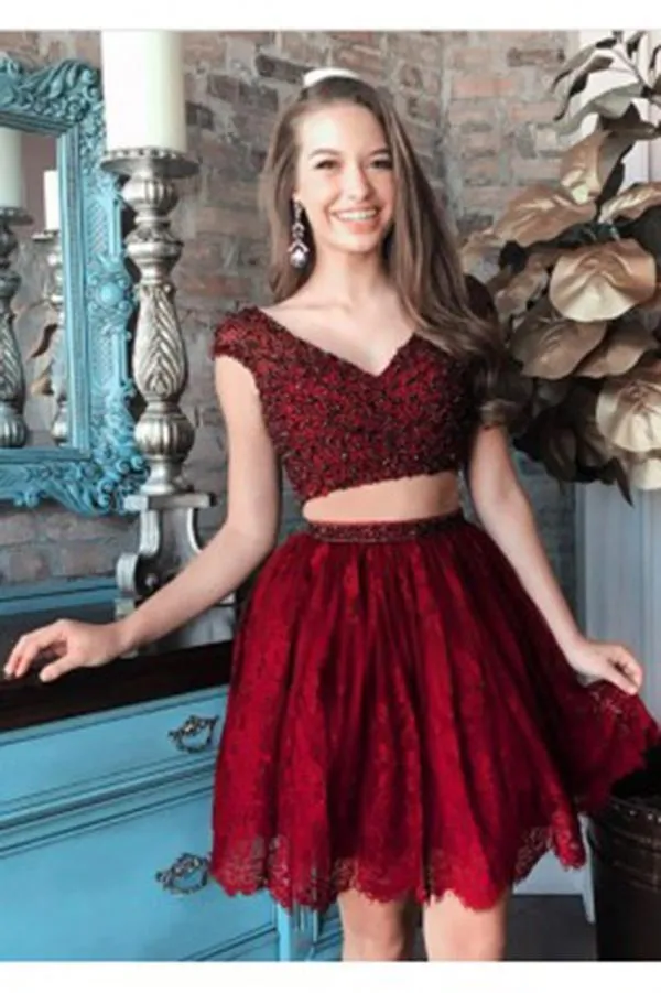 A Line Two Pieces V Neck Beads Burgundy Lace Short Prom Dresses Homecoming Dresses