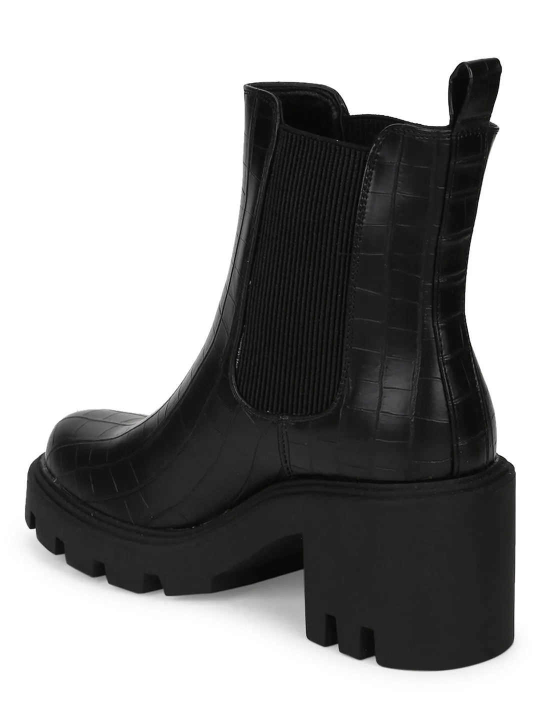 Black Croc PU Slip On Platform Ankle Boots