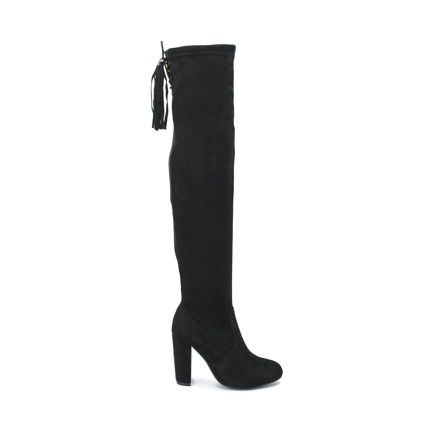 Black Faux Suede Block Heel Over The Knee Boot