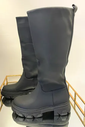 Black Matt Knee High Welly Boots