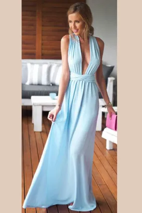 Blue A Line Floor Length Deep V Neck Sleeveless X Back Prom Dresses