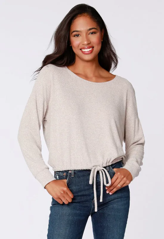 Bobi - Long Sleeve Tie Hem Scoop Neck Top Tan