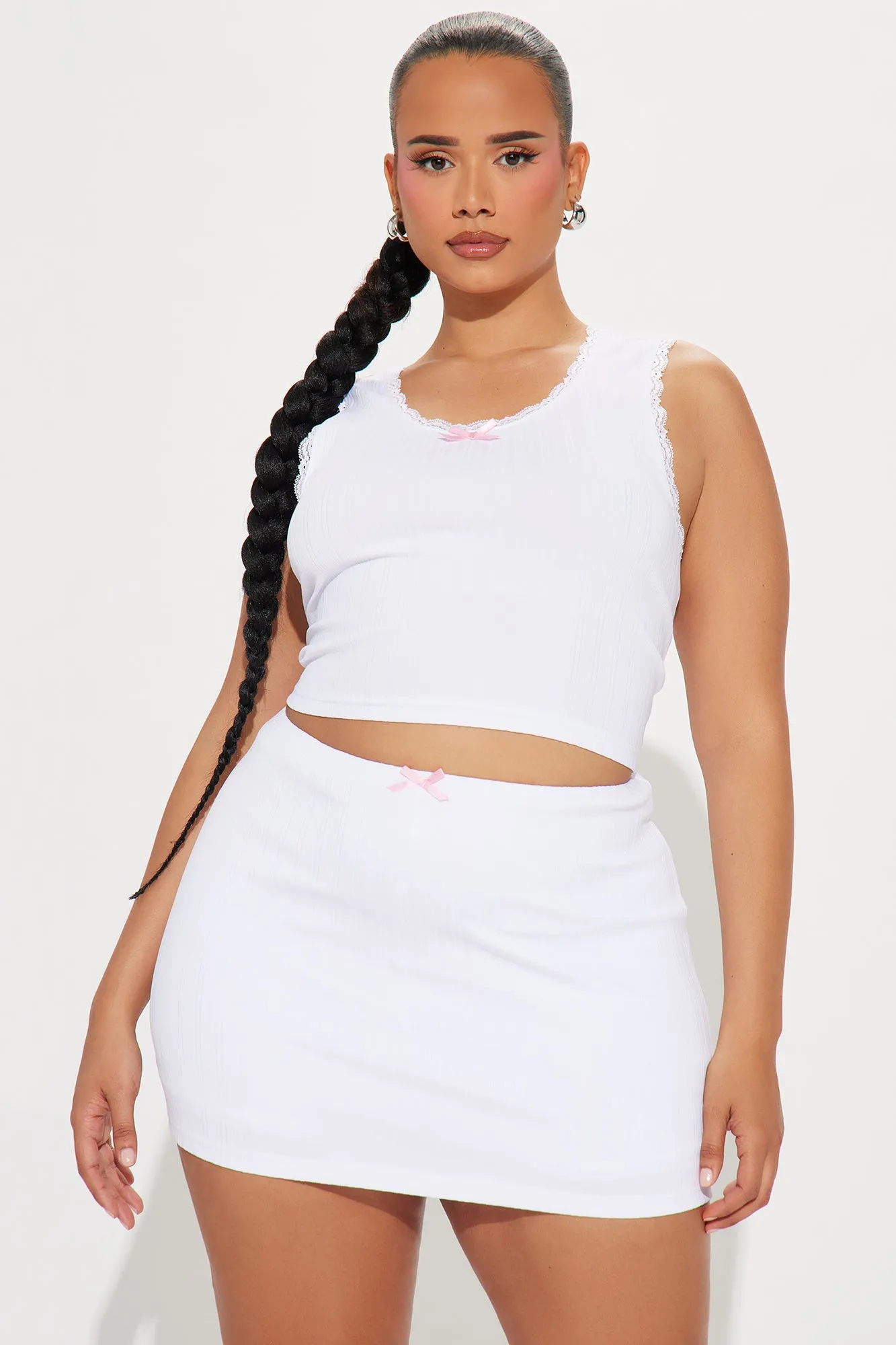 Bow Love Ribbed Skirt Set - White