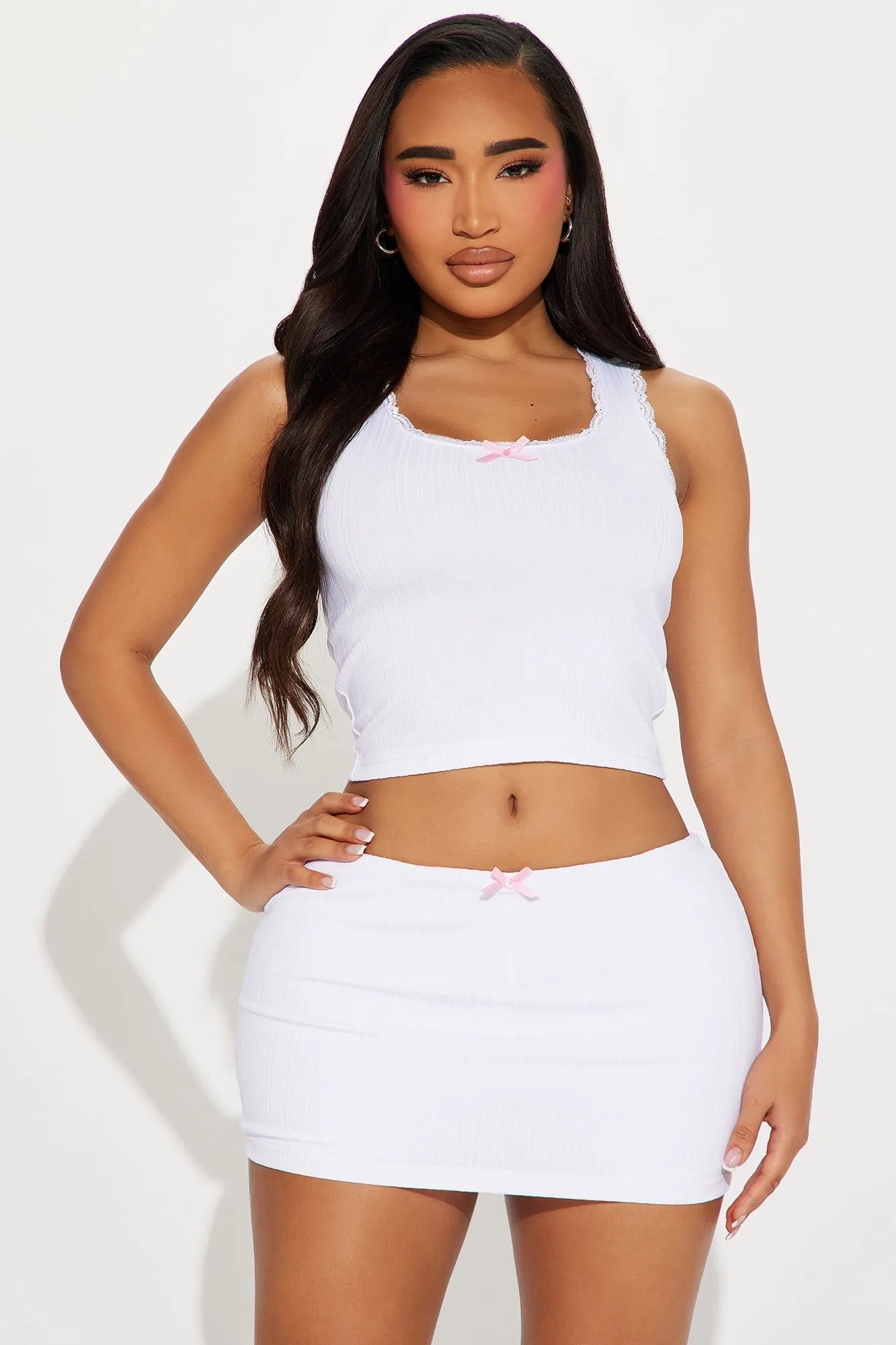 Bow Love Ribbed Skirt Set - White