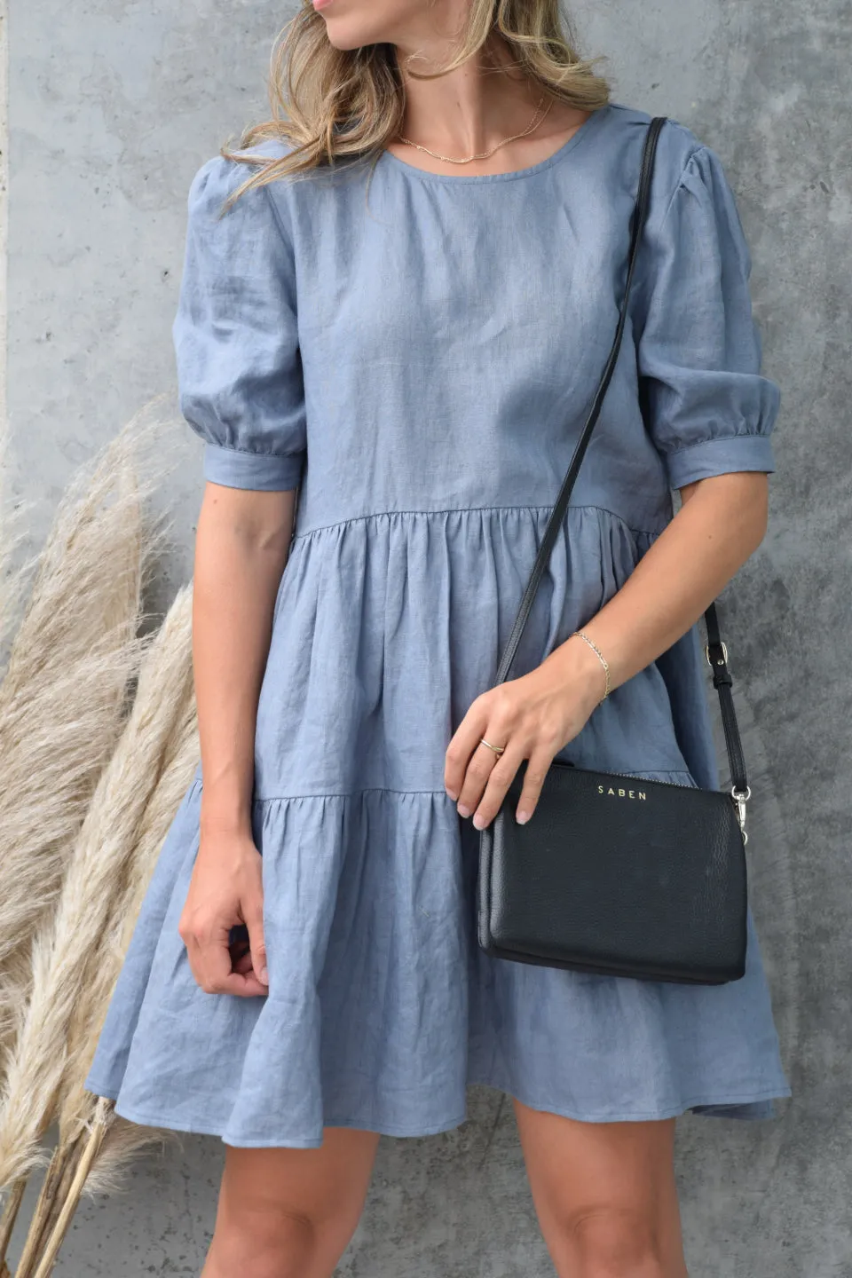 Breathtaking Puff Sleeve Pigeon Blue Tiered Linen Smock Dress