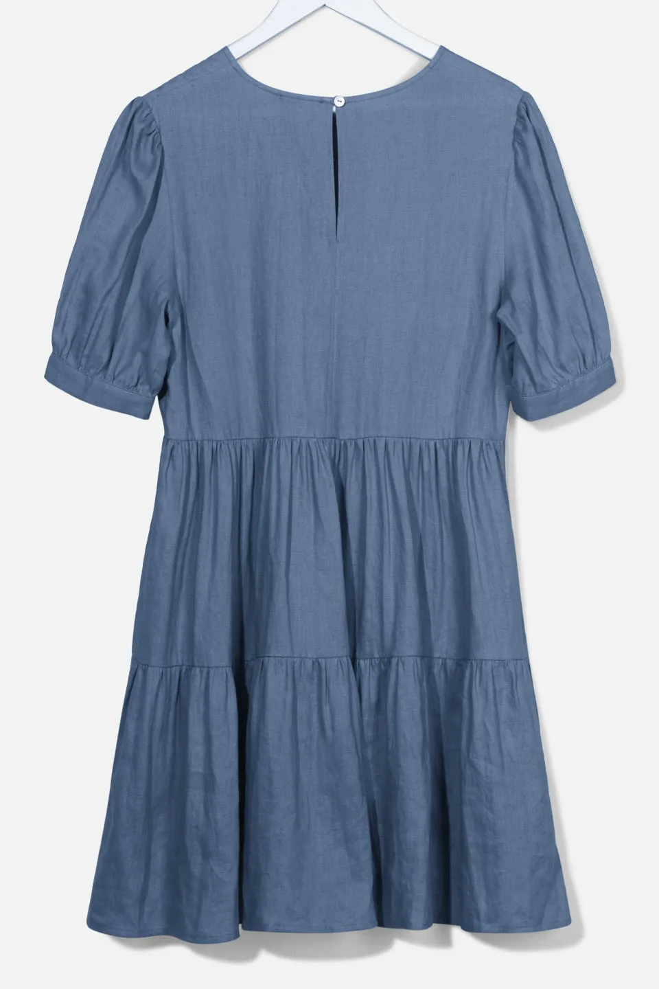 Breathtaking Puff Sleeve Pigeon Blue Tiered Linen Smock Dress