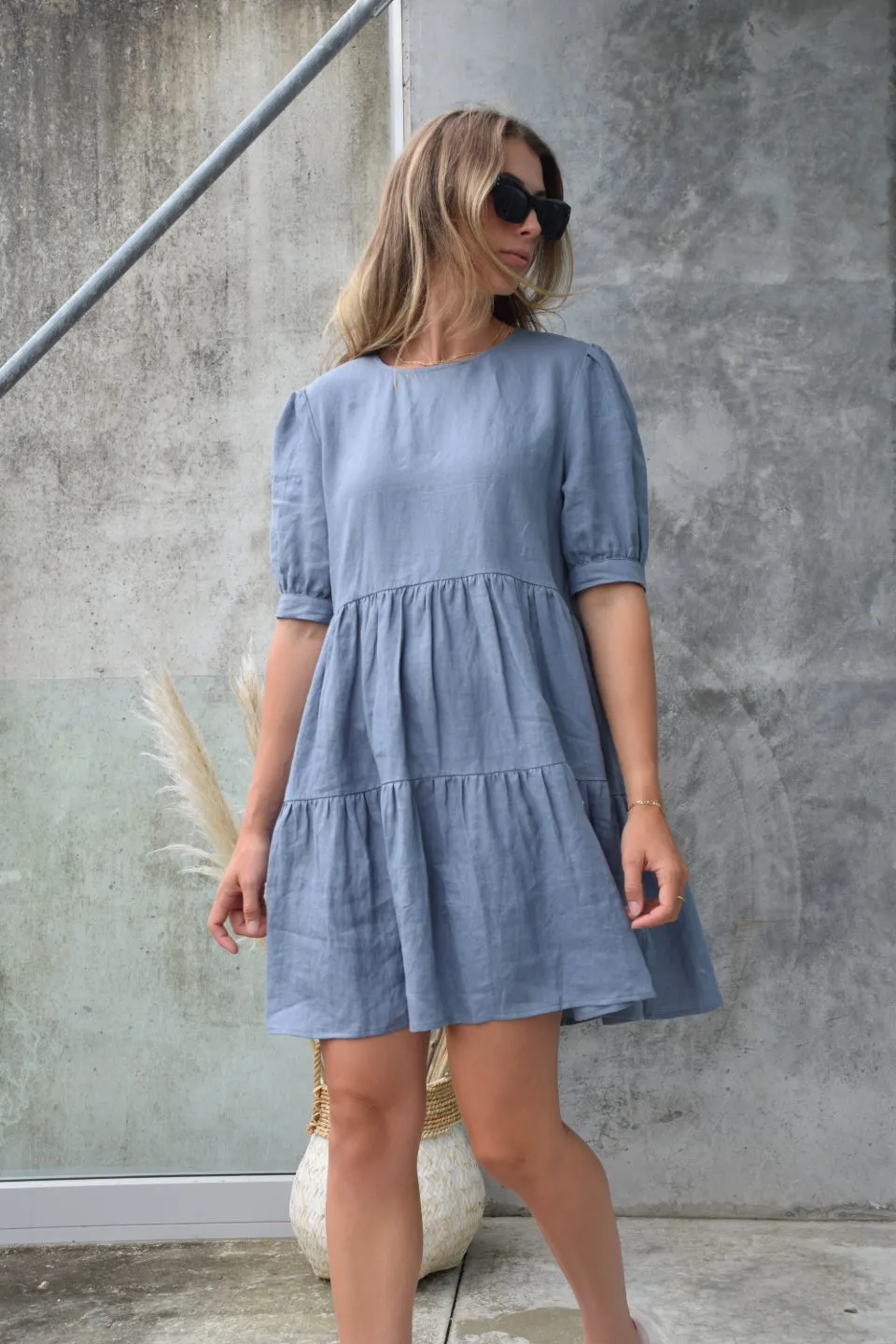 Breathtaking Puff Sleeve Pigeon Blue Tiered Linen Smock Dress