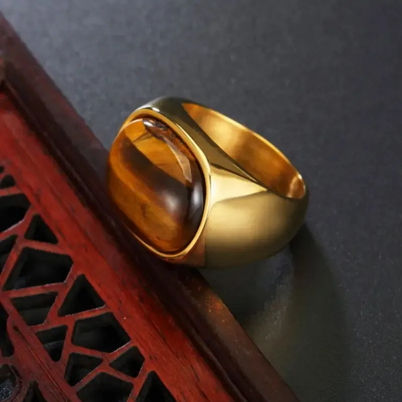 Classic Style Tiger Eye Stone Men's Titanium Steel Ring S4502939