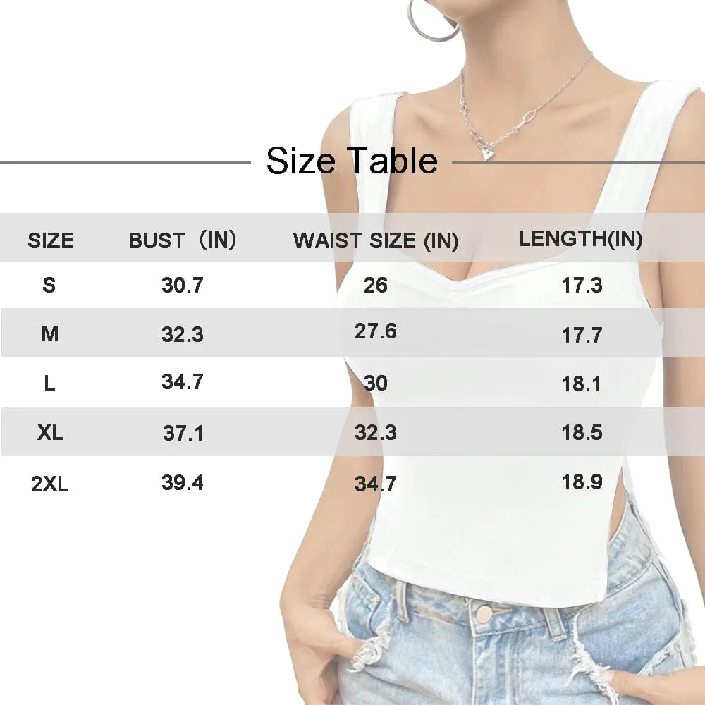 Custom Face&Text Black Top Personalized Women's Square Neck Backless Ruched Side Split Crop Tank Tops