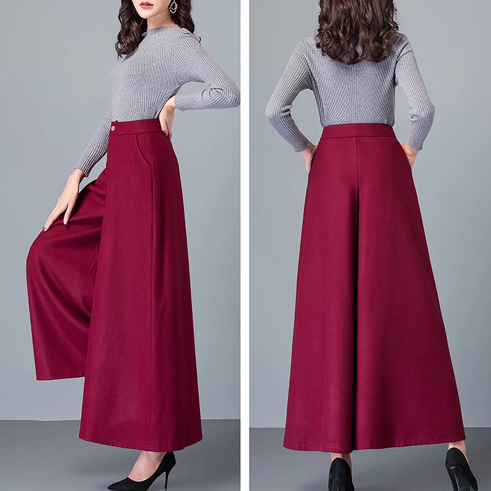 Custom Wool Blend High Rise Cropped Wide Leg Pants