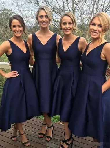 Elegant A-Line V-Neck Sleeveless Hi-Low Navy Blue Satin Bridesmaid Dress