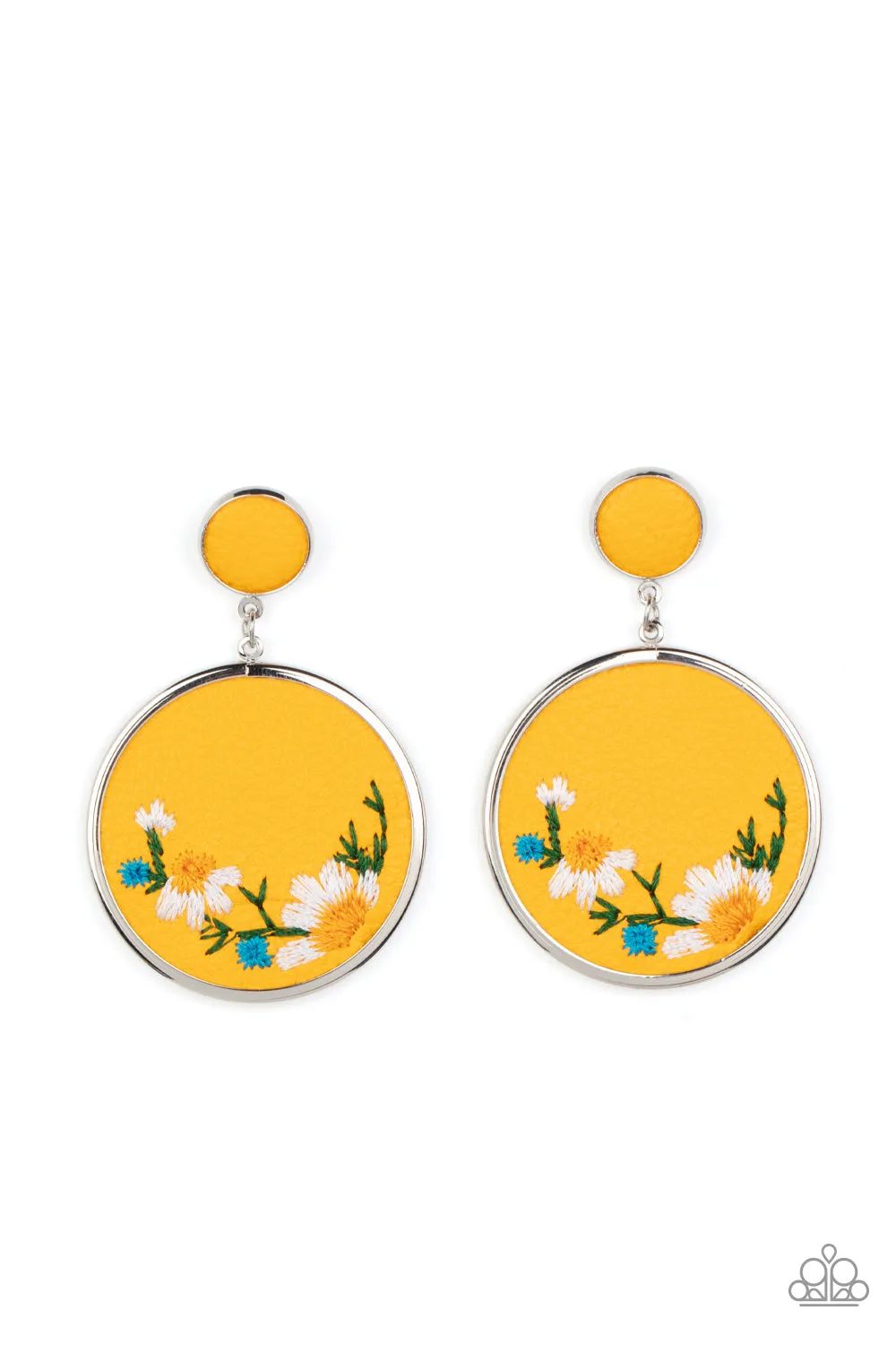 Embroidered Gardens Yellow Leather Floral Earrings