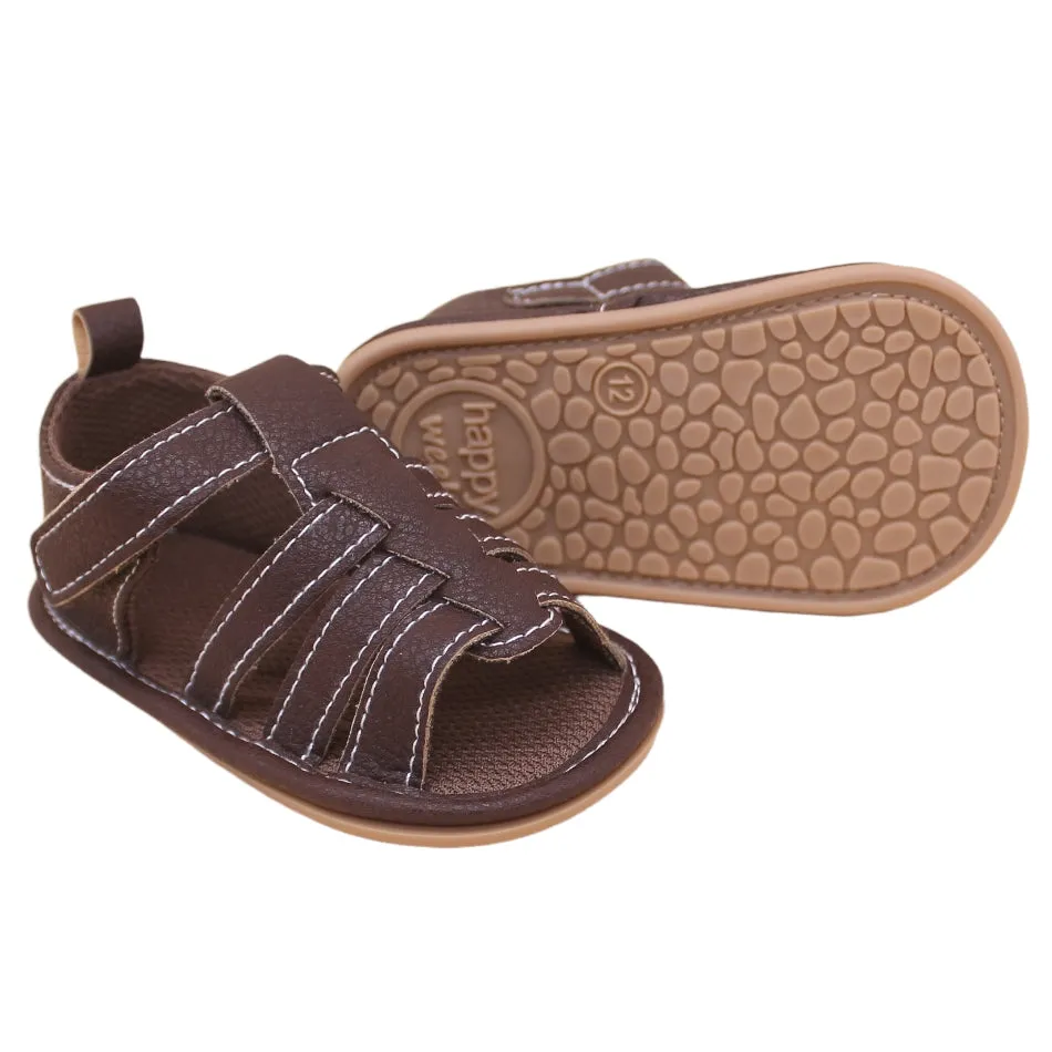 Faux Leather Sandals with Velcro Tab - Walking Sole