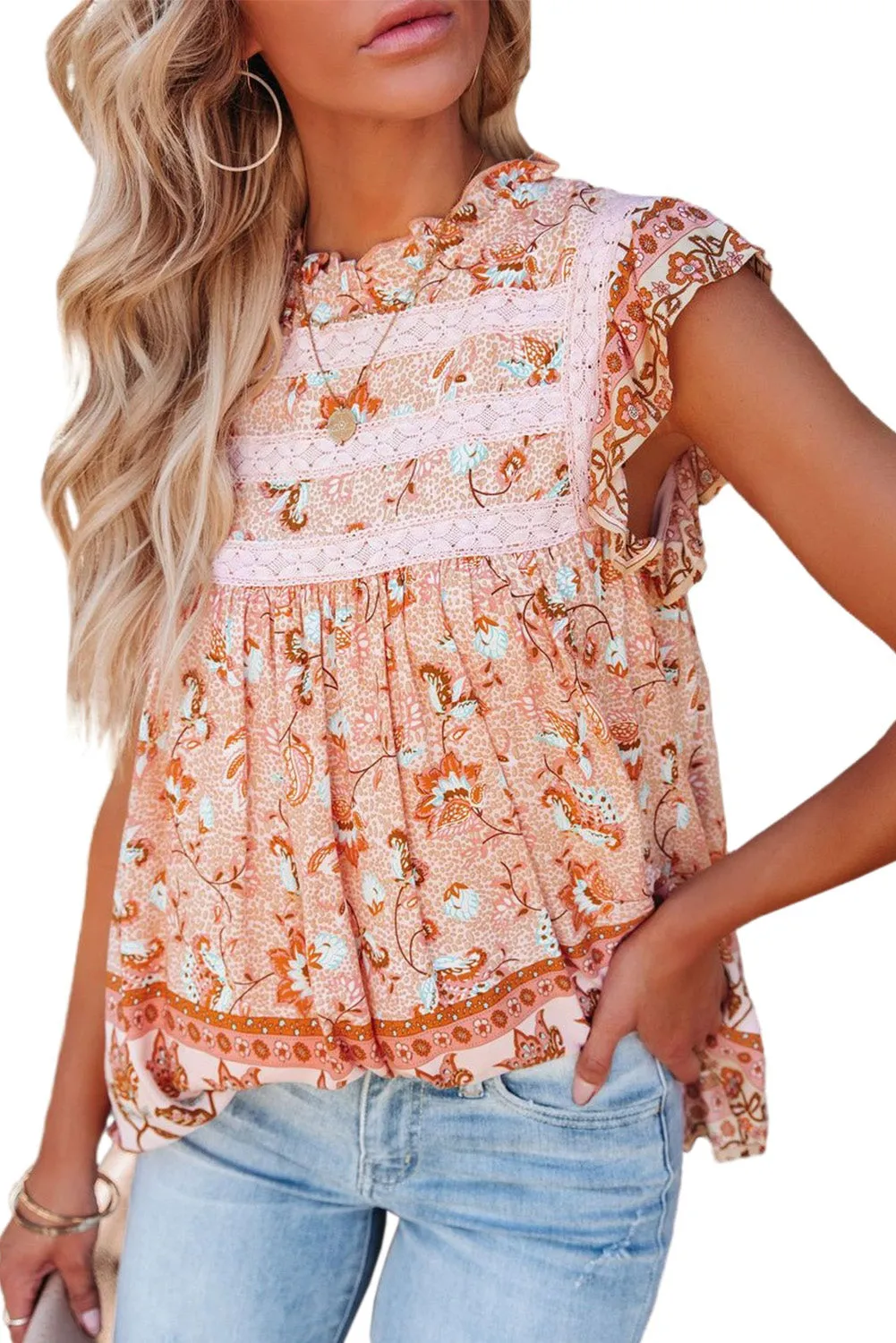 Floral Print Ruffled Crew Neck Sleeveless Top