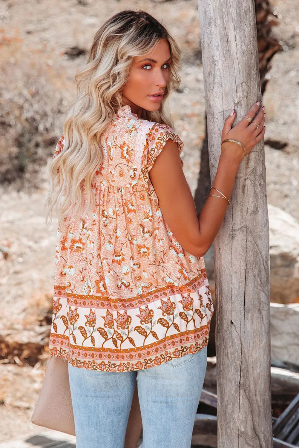 Floral Print Ruffled Crew Neck Sleeveless Top