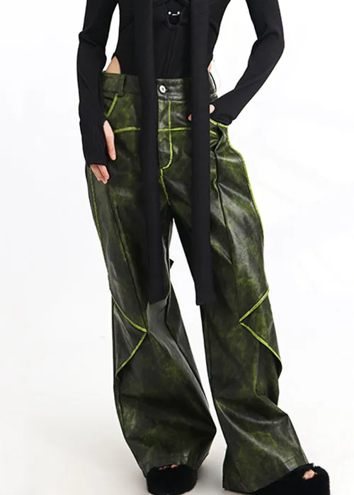 French Green Pockets High Waist Faux Leather Pants Spring AS1011