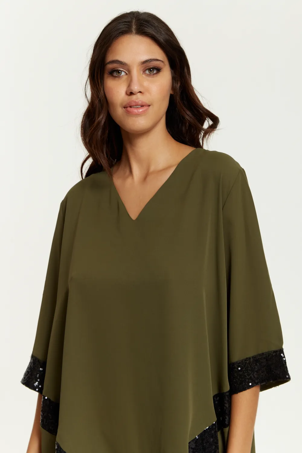 Hoxton Gal Oversized V Neck Sequin Detailed Satin Top