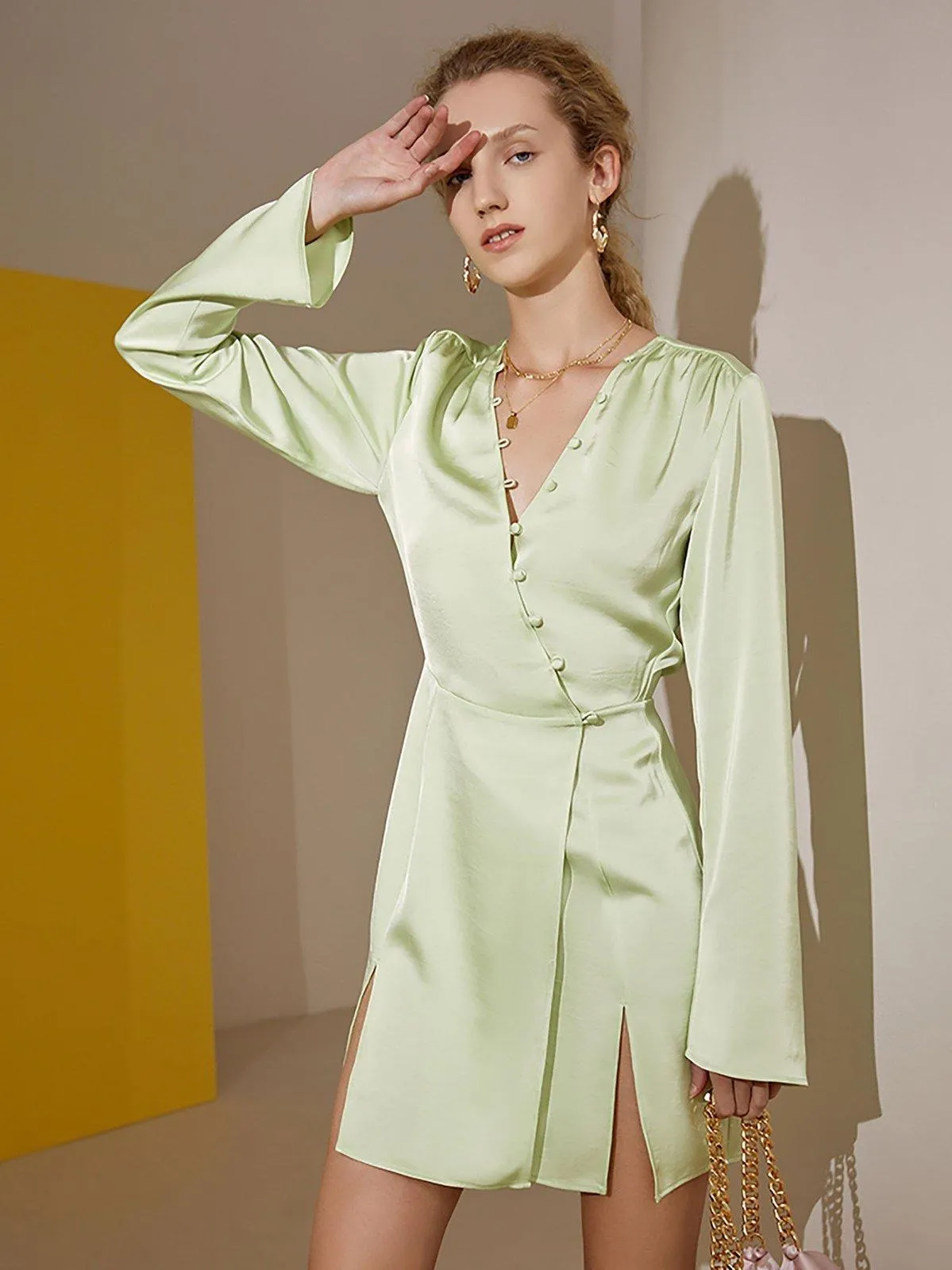 Light Green Long Sleeve Satin Cocktail Dress