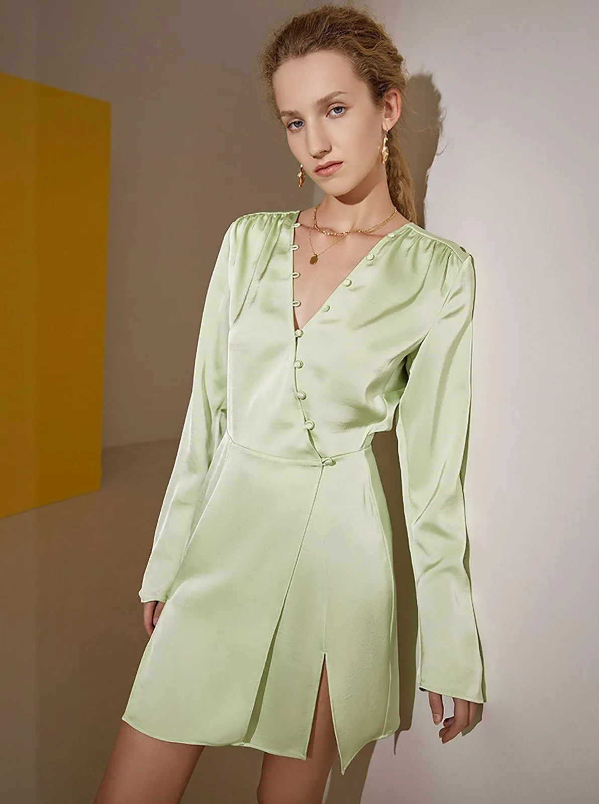 Light Green Long Sleeve Satin Cocktail Dress