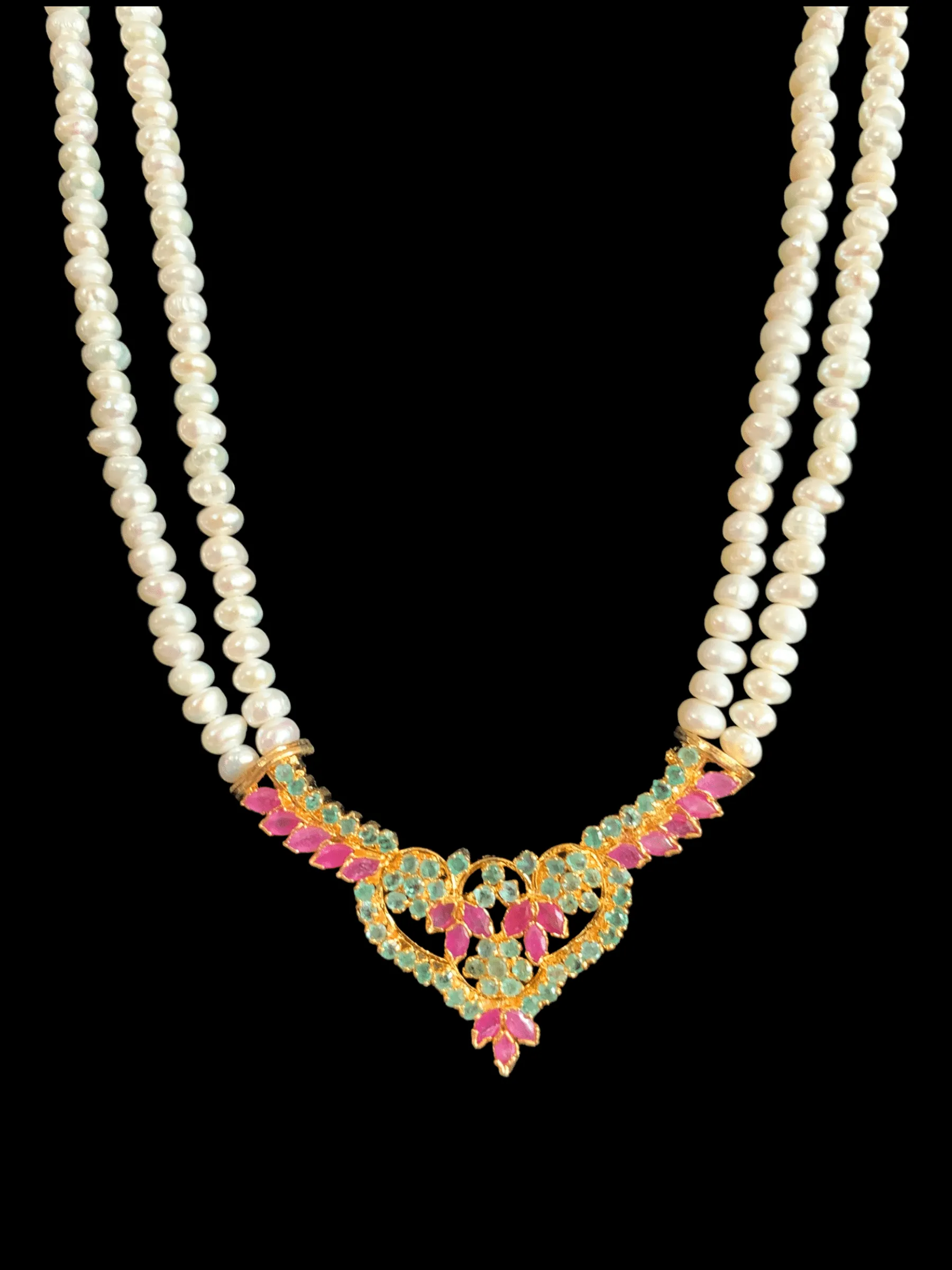 LN131 Ruby emerald long  necklace  set in fresh water pearls ( READY TO SHIP )