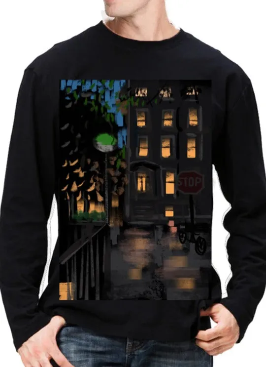 New York - Raining Night -US Ashore Travel Shirts- Series No. 238001 Artist Handpaint Long Sleeve Shirt EU Size 100% Cotton  High Quality Gifts Tops