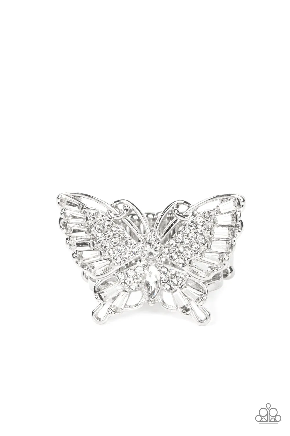 Paparazzi Fearless Flutter White Iridescent Butterfly Ring June 2022 Life of the Party