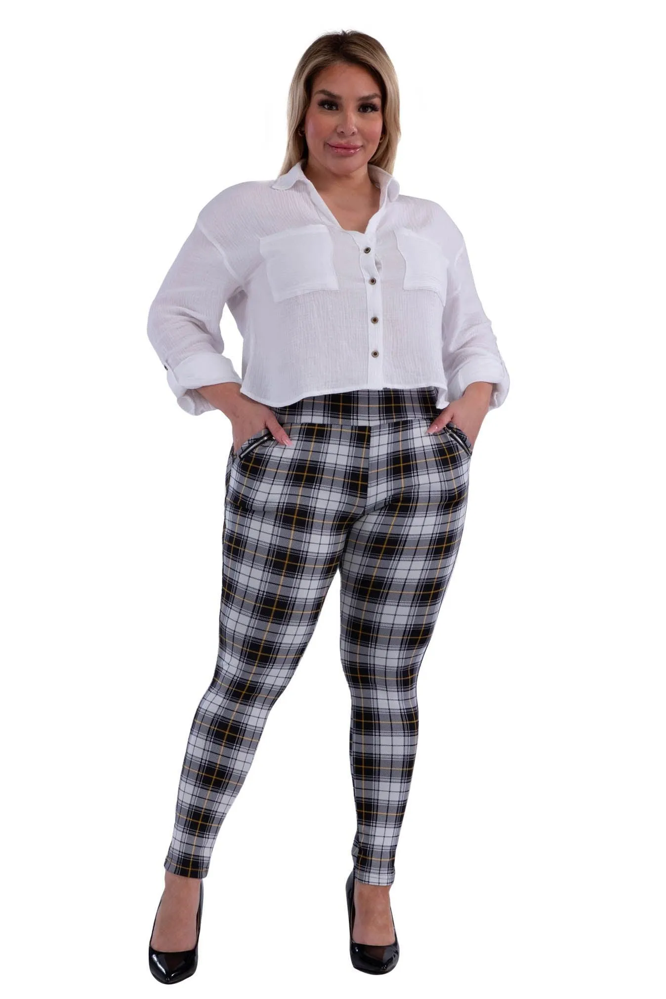 Plus Size Treggings With Zipper Pocket Trim - White, Black, Mustard Plaid