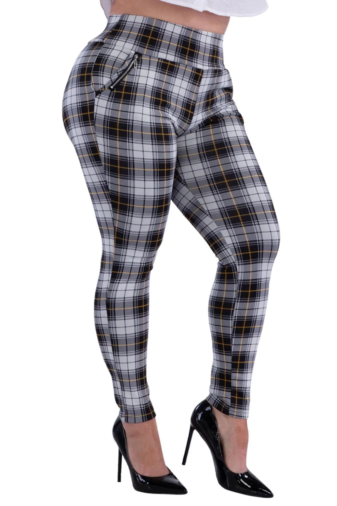 Plus Size Treggings With Zipper Pocket Trim - White, Black, Mustard Plaid