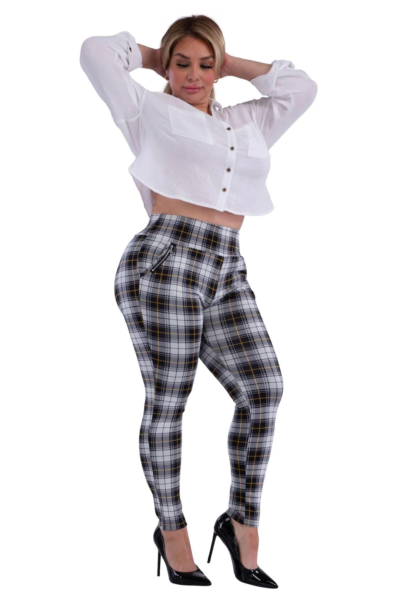 Plus Size Treggings With Zipper Pocket Trim - White, Black, Mustard Plaid