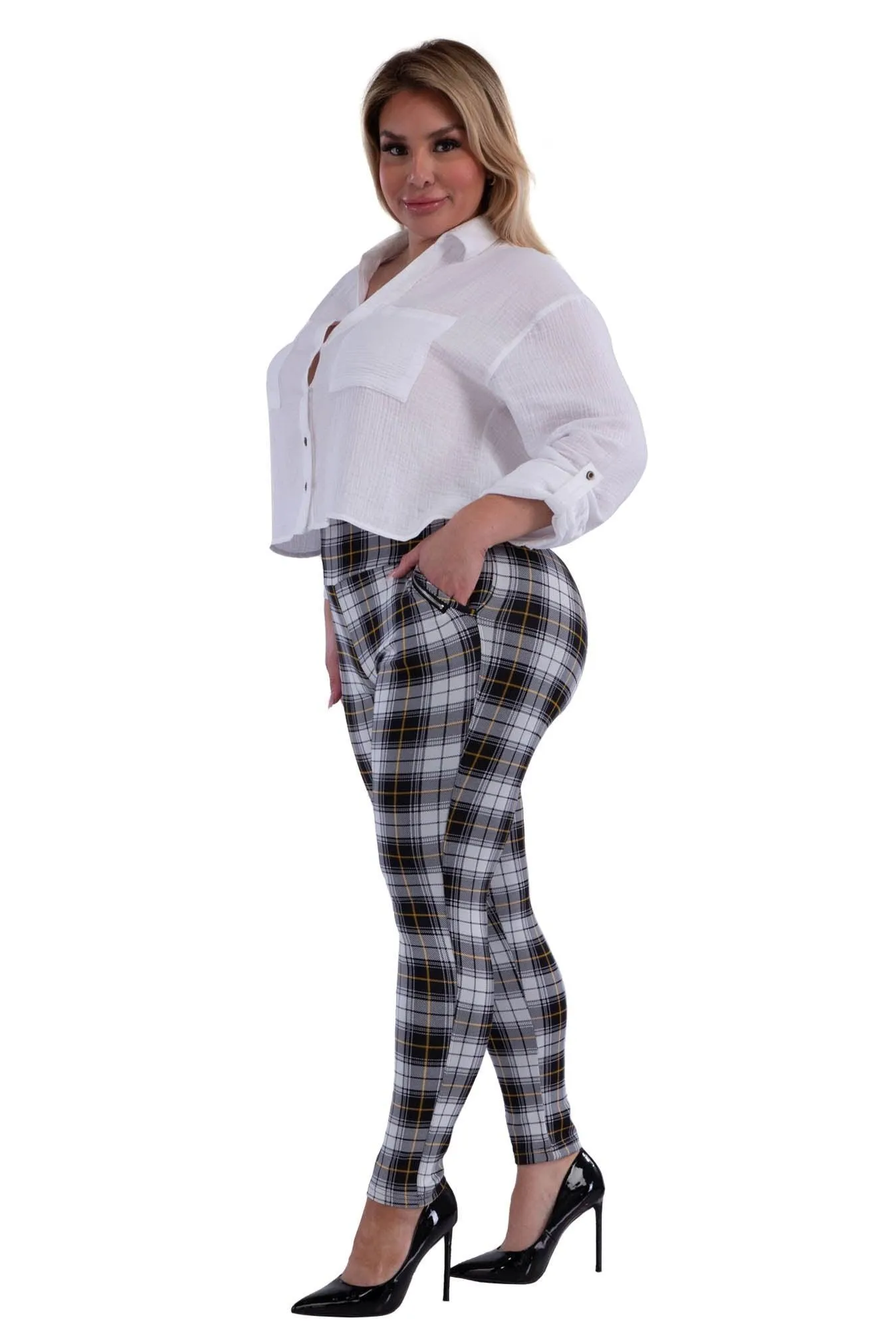 Plus Size Treggings With Zipper Pocket Trim - White, Black, Mustard Plaid