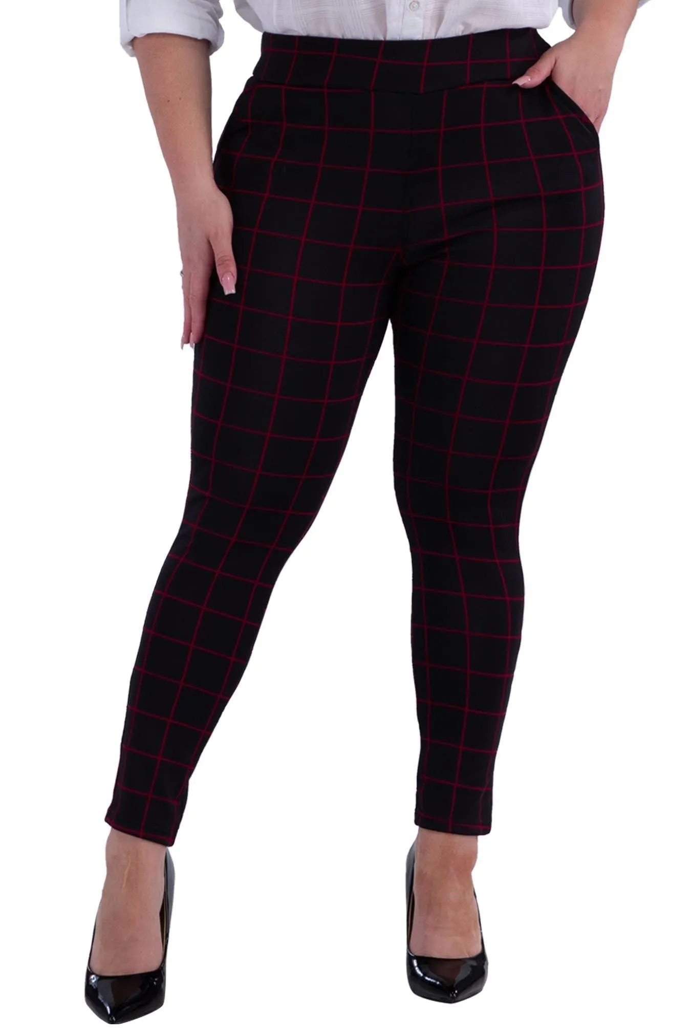 Plus Size Tummy Control Sculpting Treggings - Black & Red Plaid