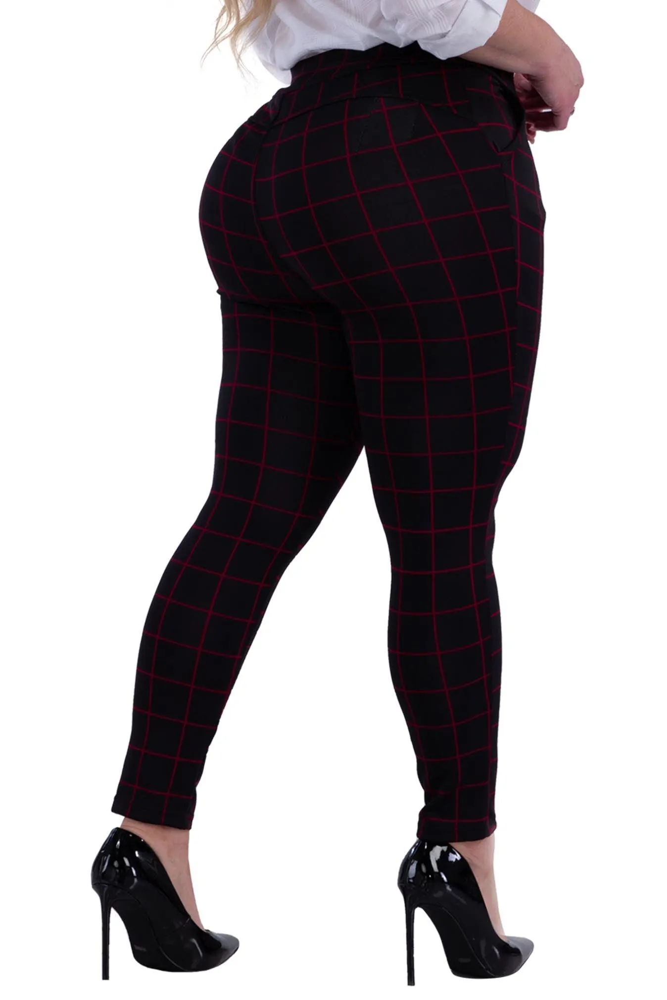 Plus Size Tummy Control Sculpting Treggings - Black & Red Plaid