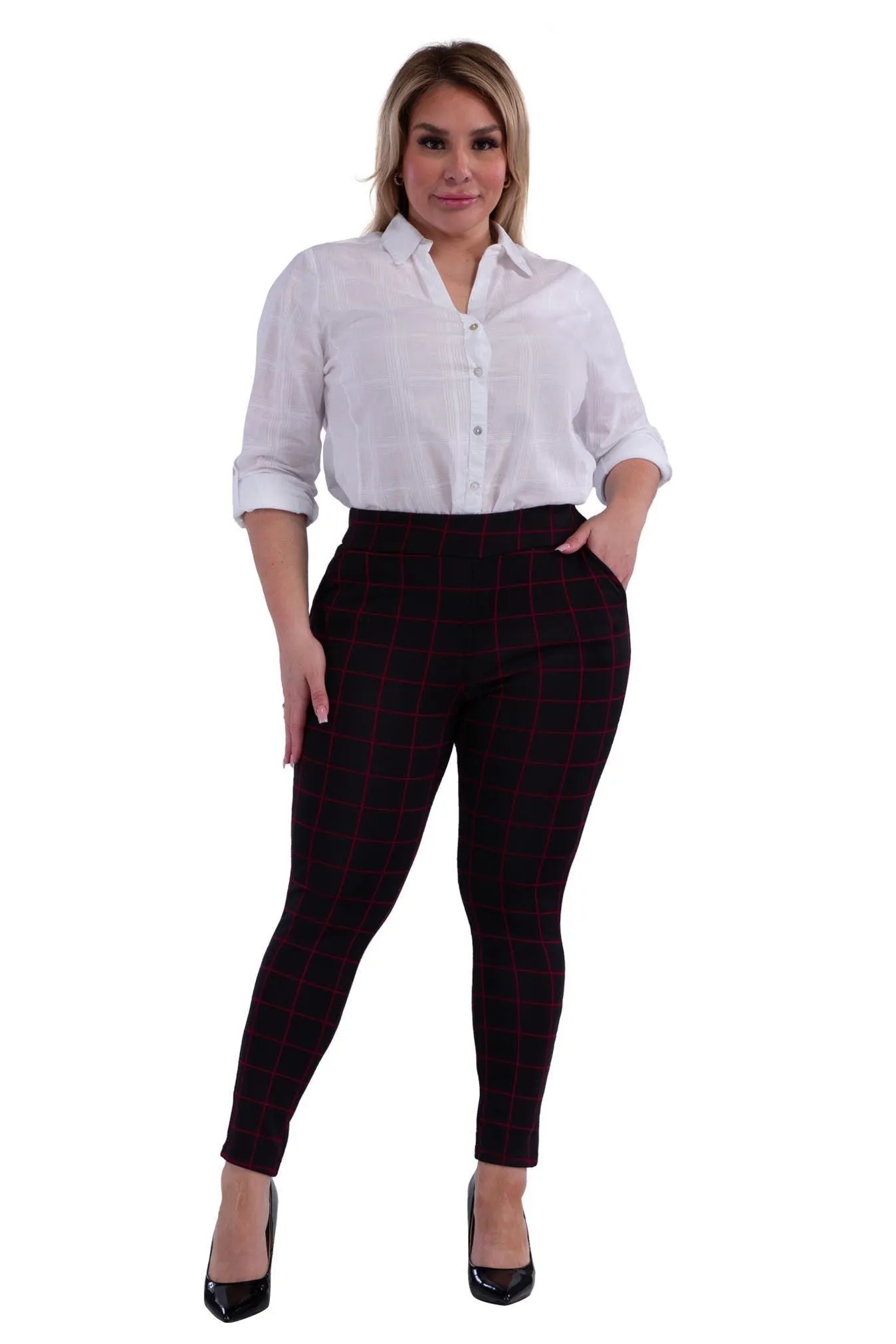 Plus Size Tummy Control Sculpting Treggings - Black & Red Plaid