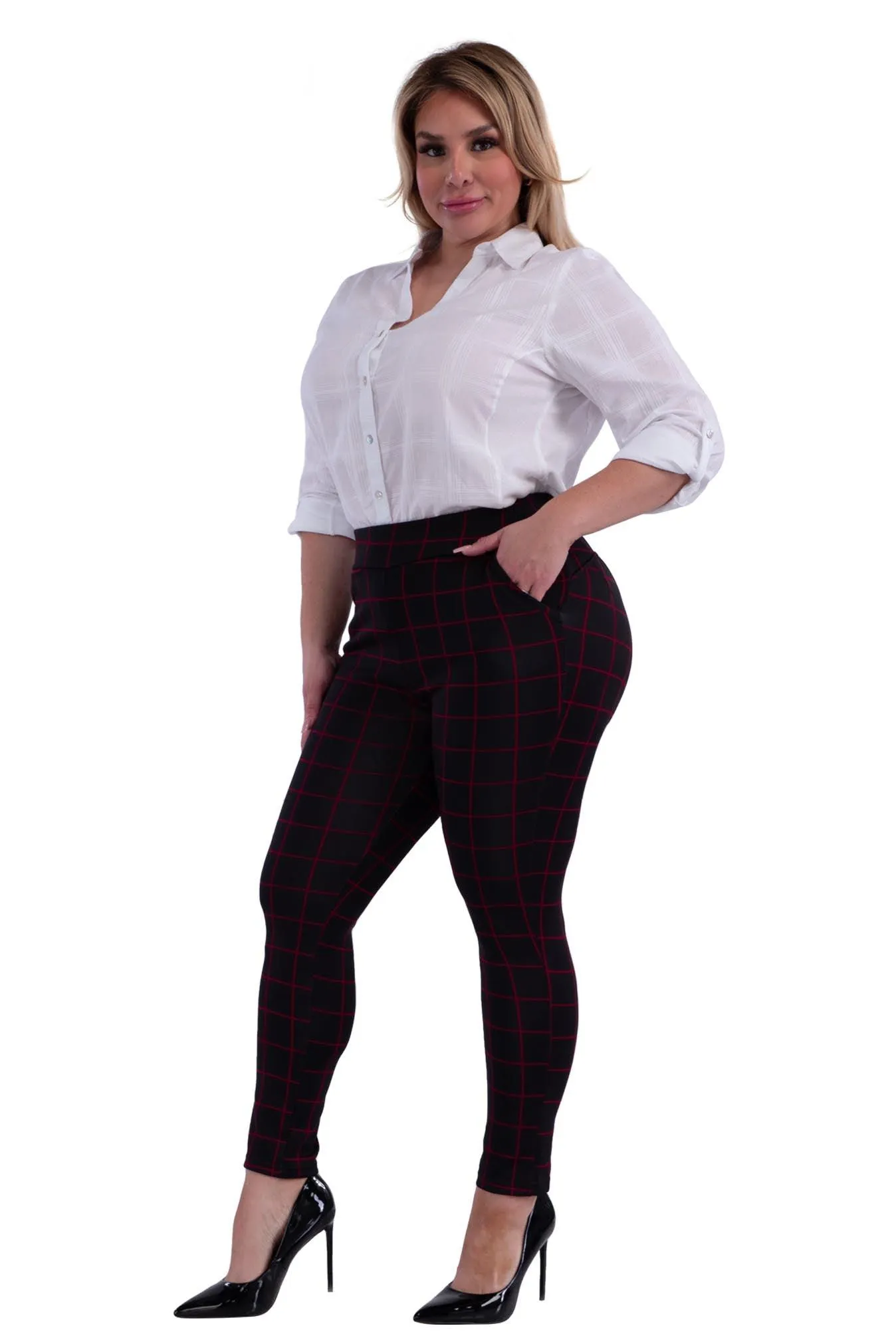 Plus Size Tummy Control Sculpting Treggings - Black & Red Plaid