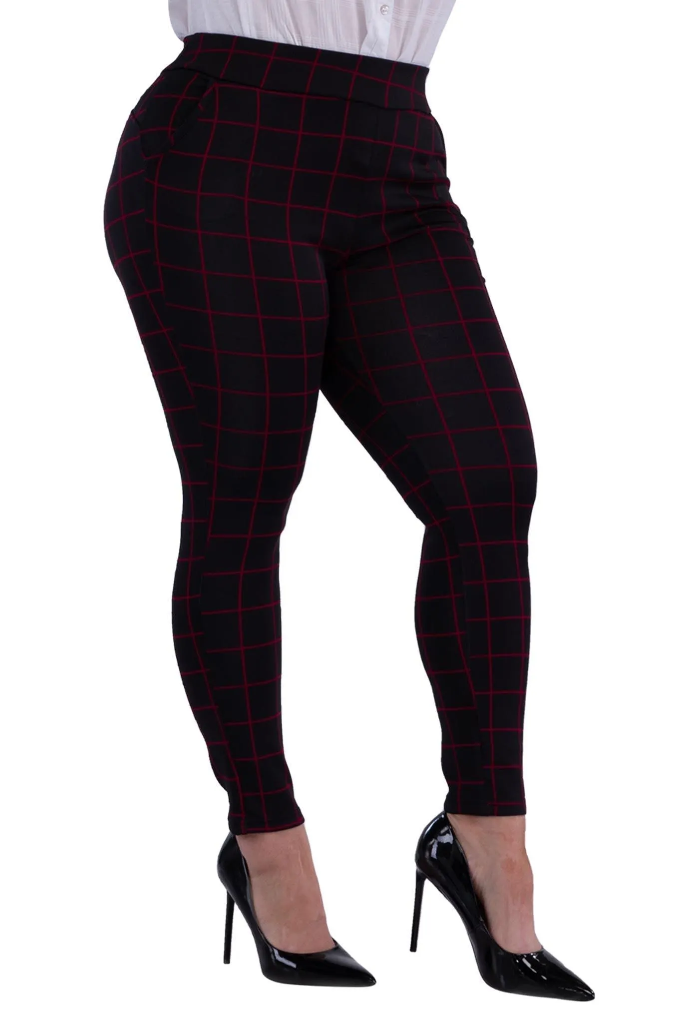 Plus Size Tummy Control Sculpting Treggings - Black & Red Plaid