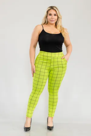 Plus Size Tummy Control Sculpting Treggings - Black, Green Plaid