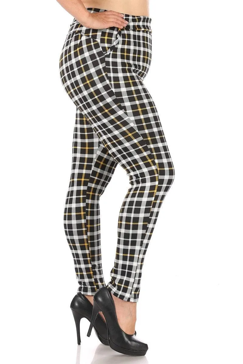 Plus Size Tummy Control Sculpting Treggings - Black, Mustard Plaid