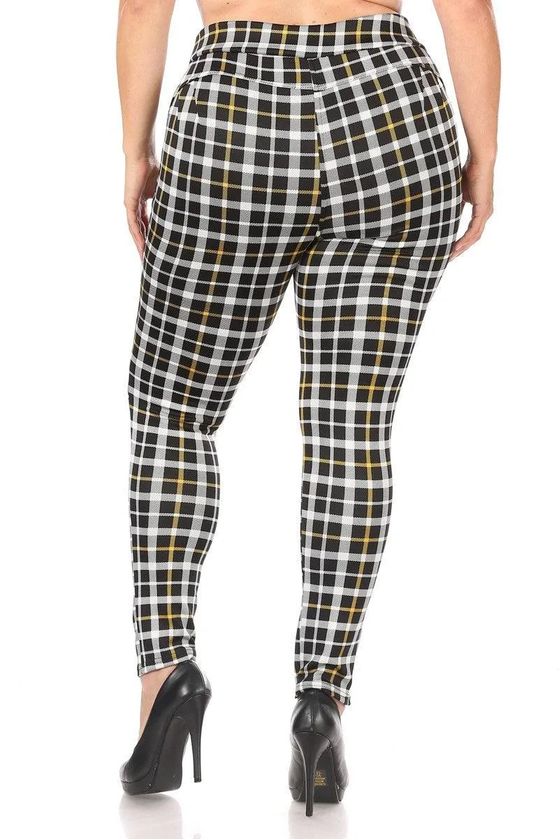 Plus Size Tummy Control Sculpting Treggings - Black, Mustard Plaid