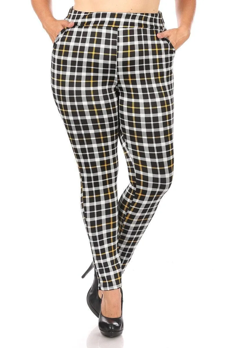 Plus Size Tummy Control Sculpting Treggings - Black, Mustard Plaid