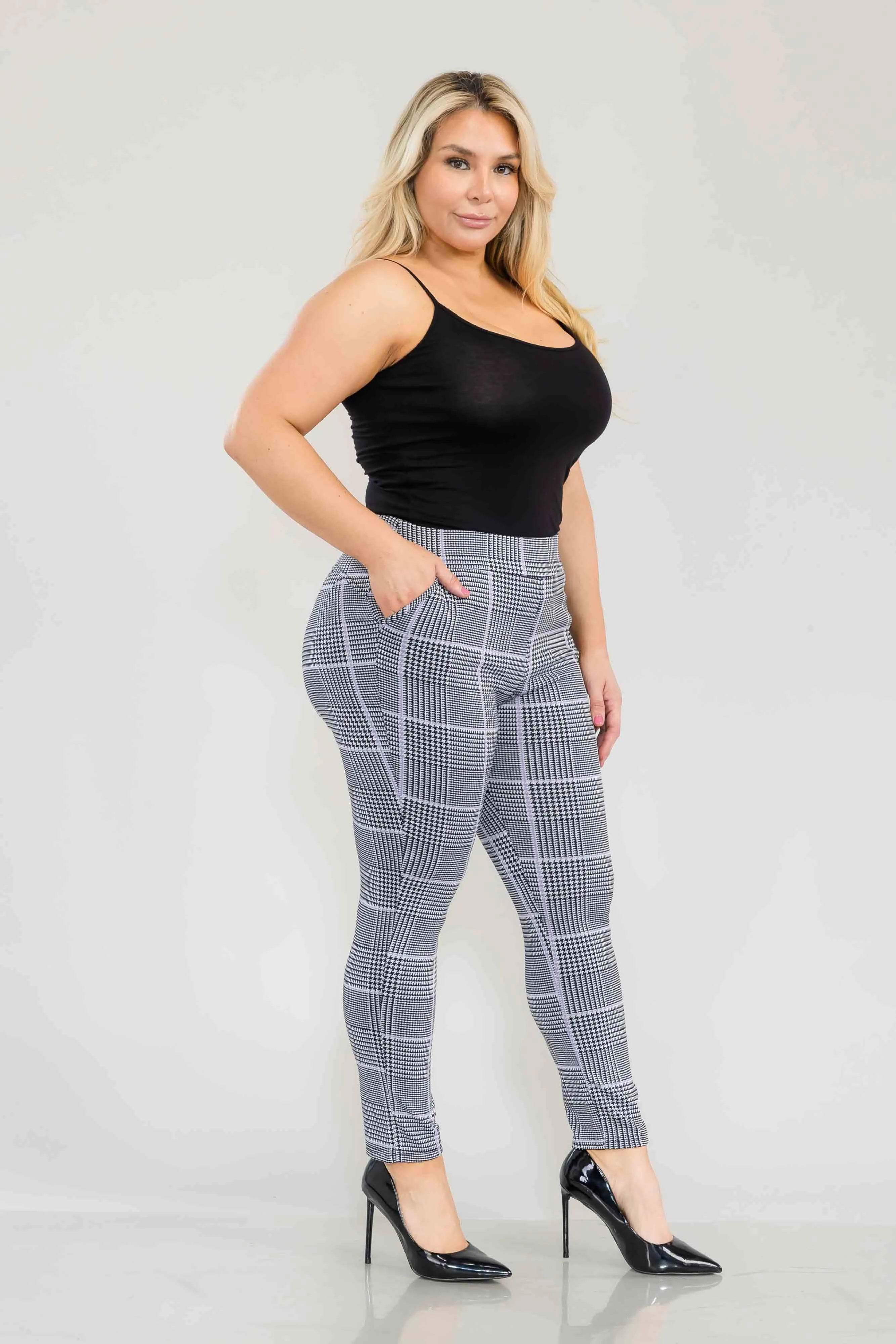 Plus Size Tummy Control Sculpting Treggings - Black, White, Mauve Plaid