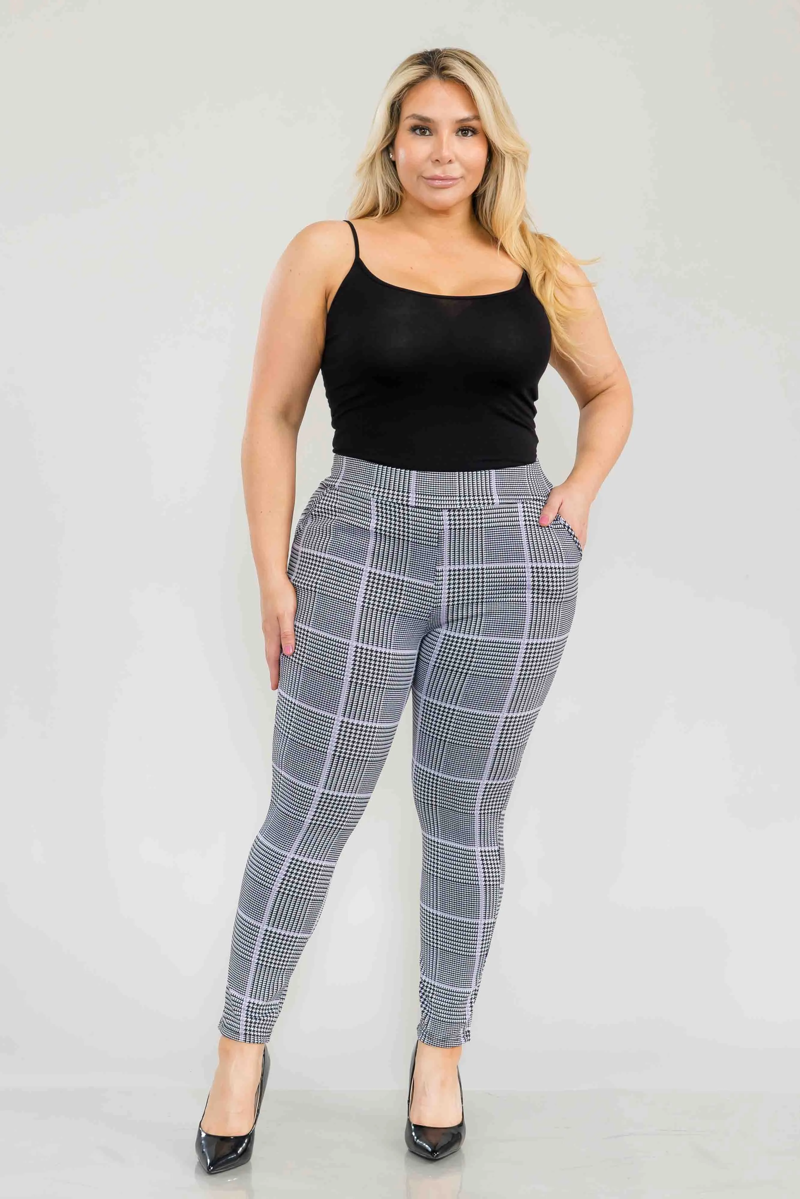 Plus Size Tummy Control Sculpting Treggings - Black, White, Mauve Plaid