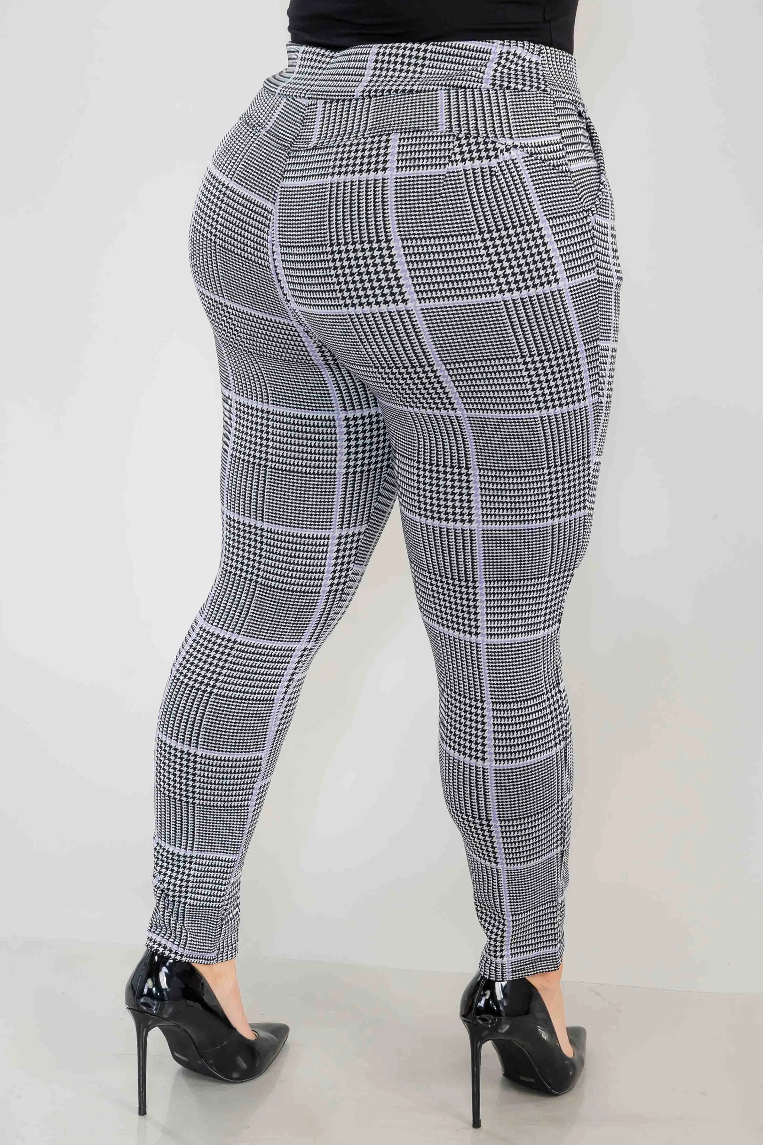 Plus Size Tummy Control Sculpting Treggings - Black, White, Mauve Plaid