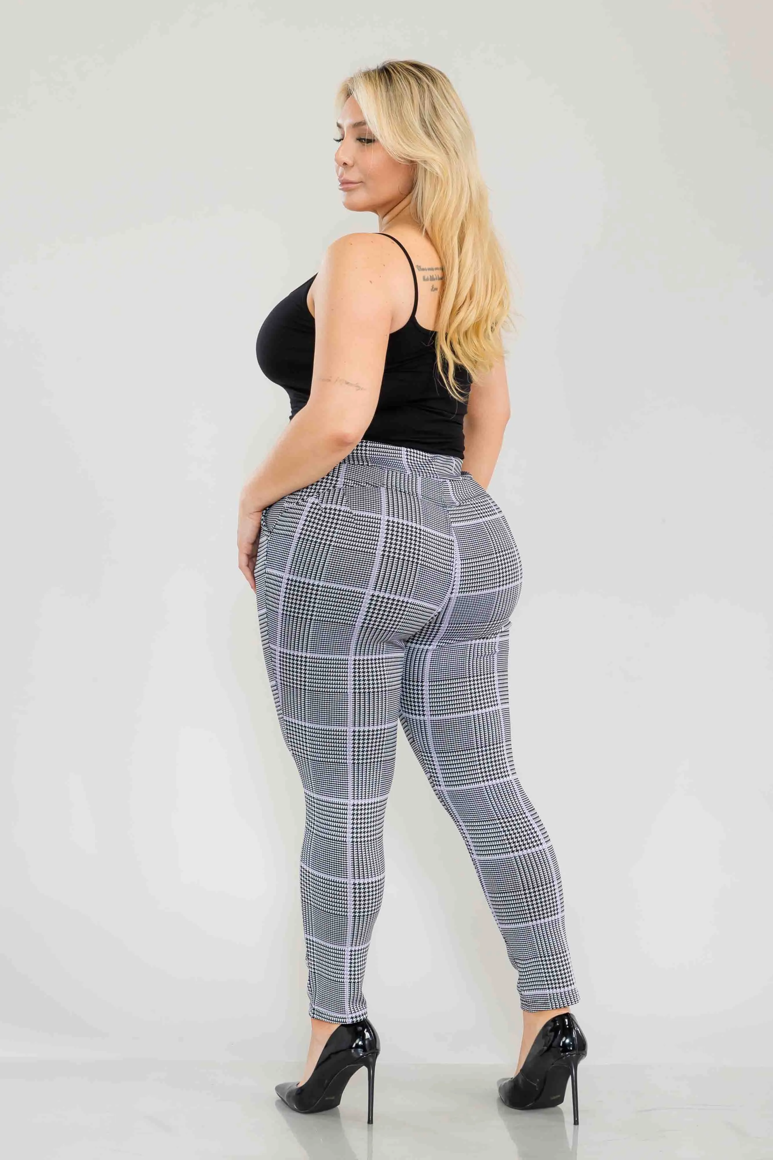 Plus Size Tummy Control Sculpting Treggings - Black, White, Mauve Plaid