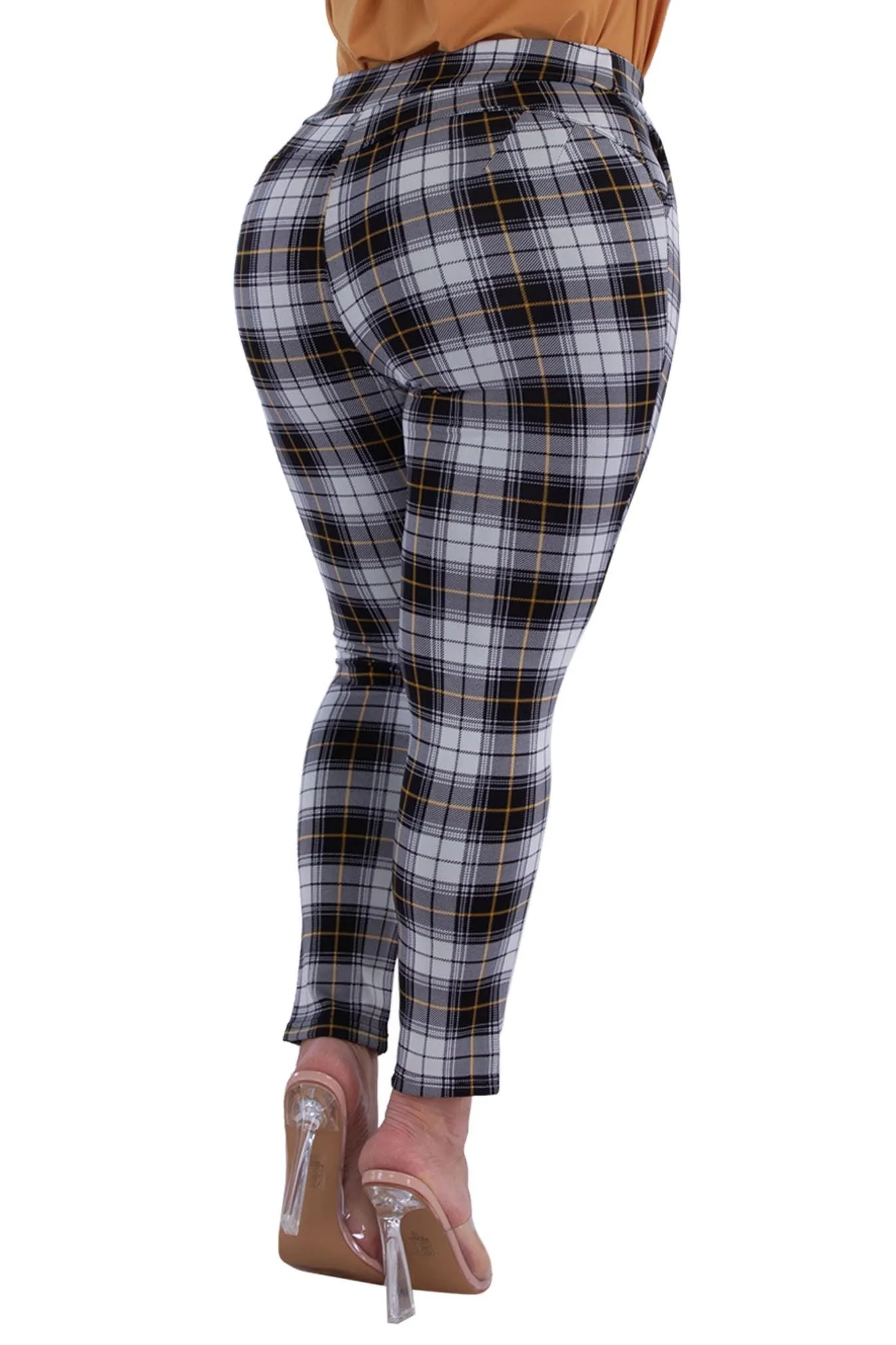 Plus Size Tummy Control Sculpting Treggings - Black, White, Mustard Plaid