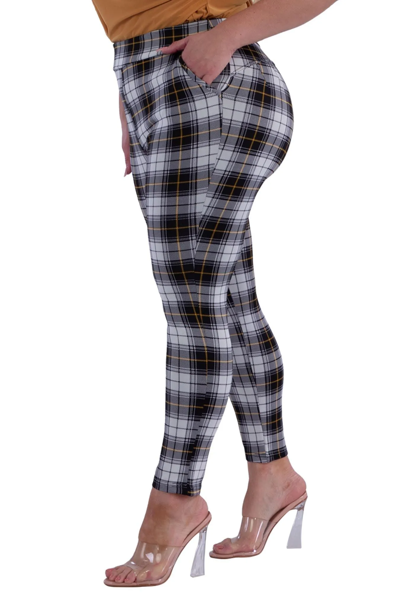 Plus Size Tummy Control Sculpting Treggings - Black, White, Mustard Plaid