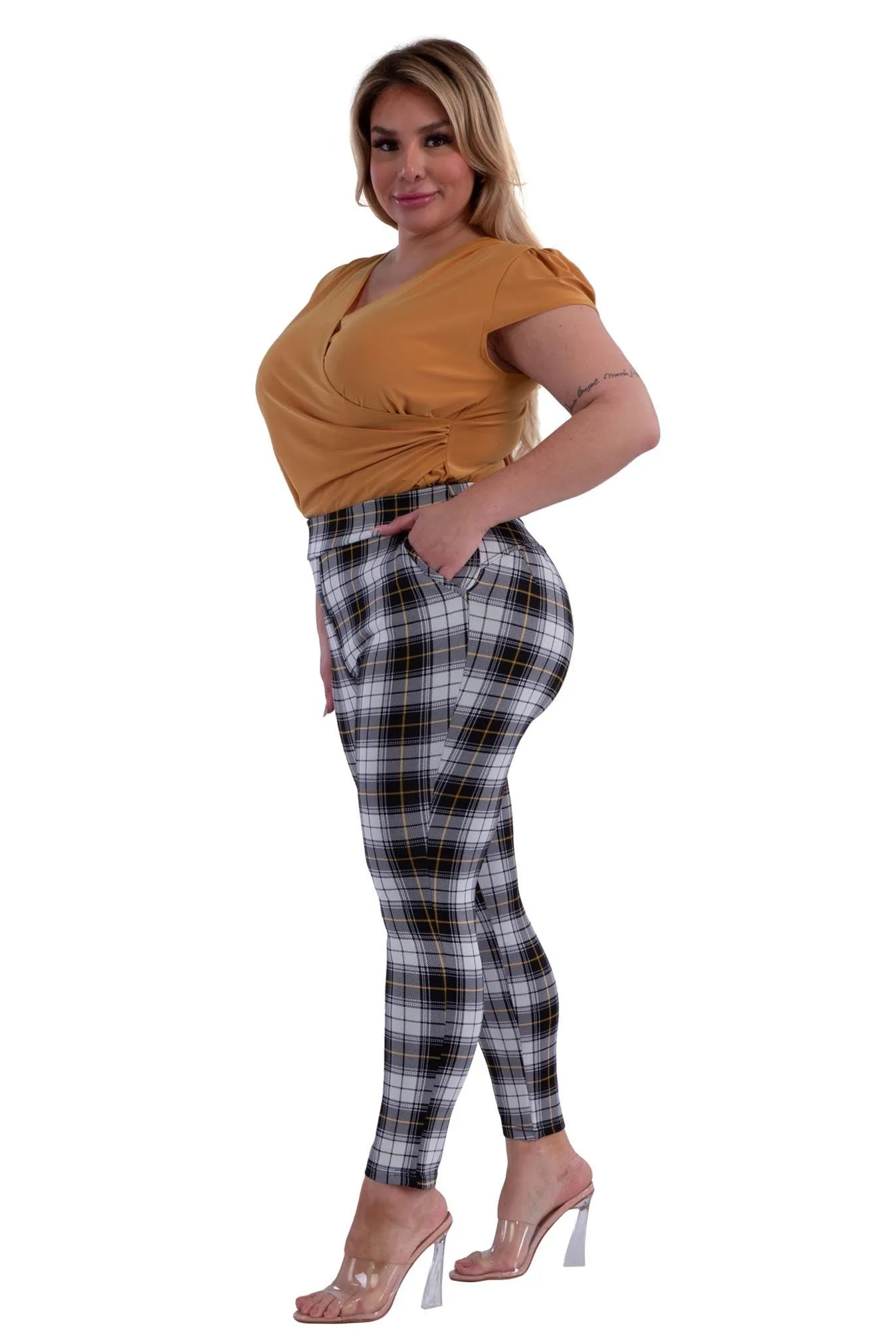 Plus Size Tummy Control Sculpting Treggings - Black, White, Mustard Plaid