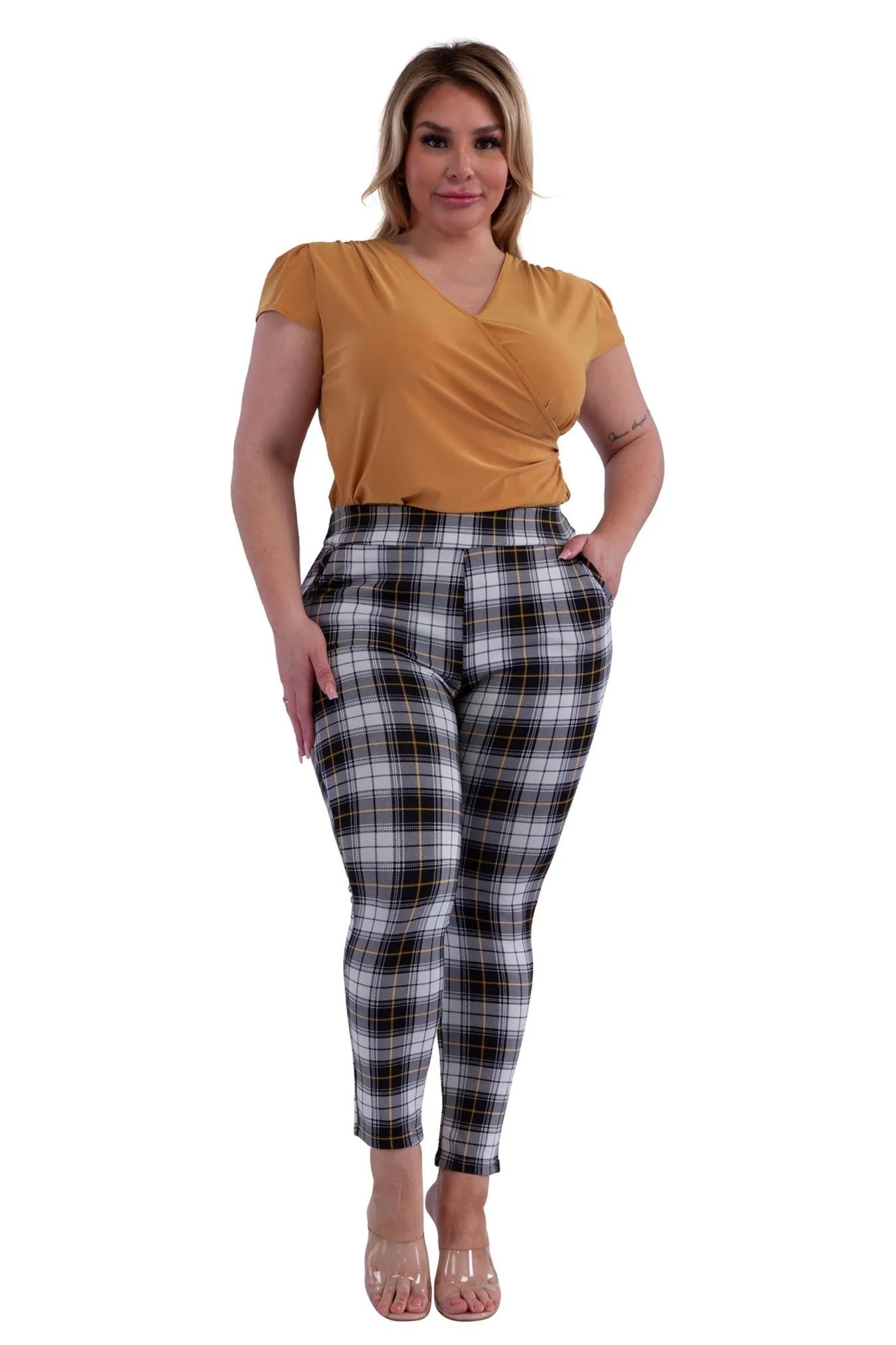 Plus Size Tummy Control Sculpting Treggings - Black, White, Mustard Plaid