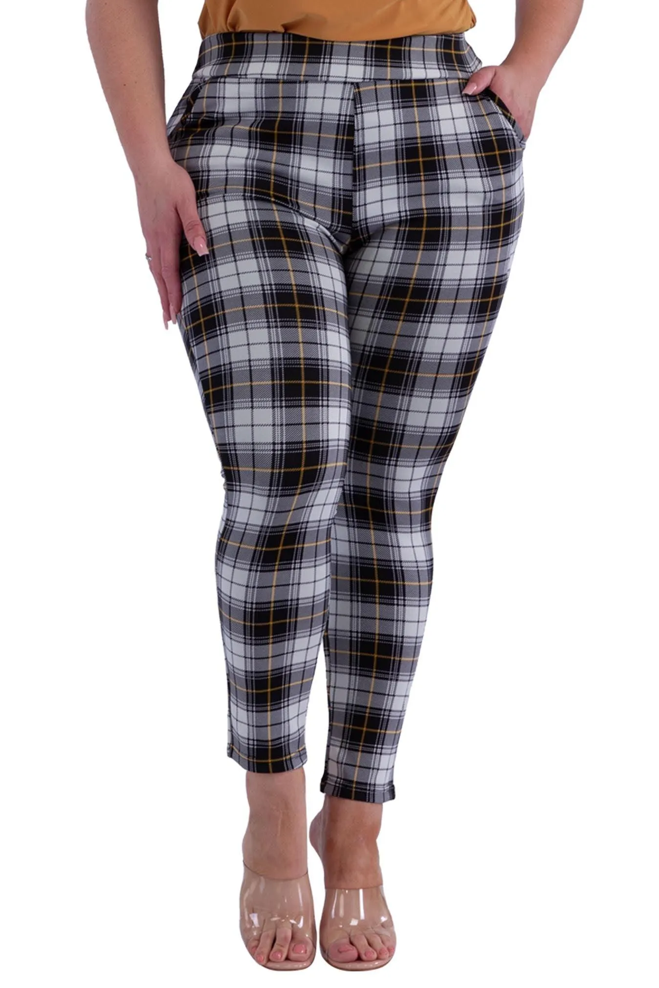 Plus Size Tummy Control Sculpting Treggings - Black, White, Mustard Plaid